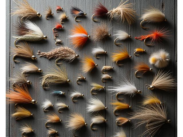 Variedad de moscas artificiales de pesca atadas a mano