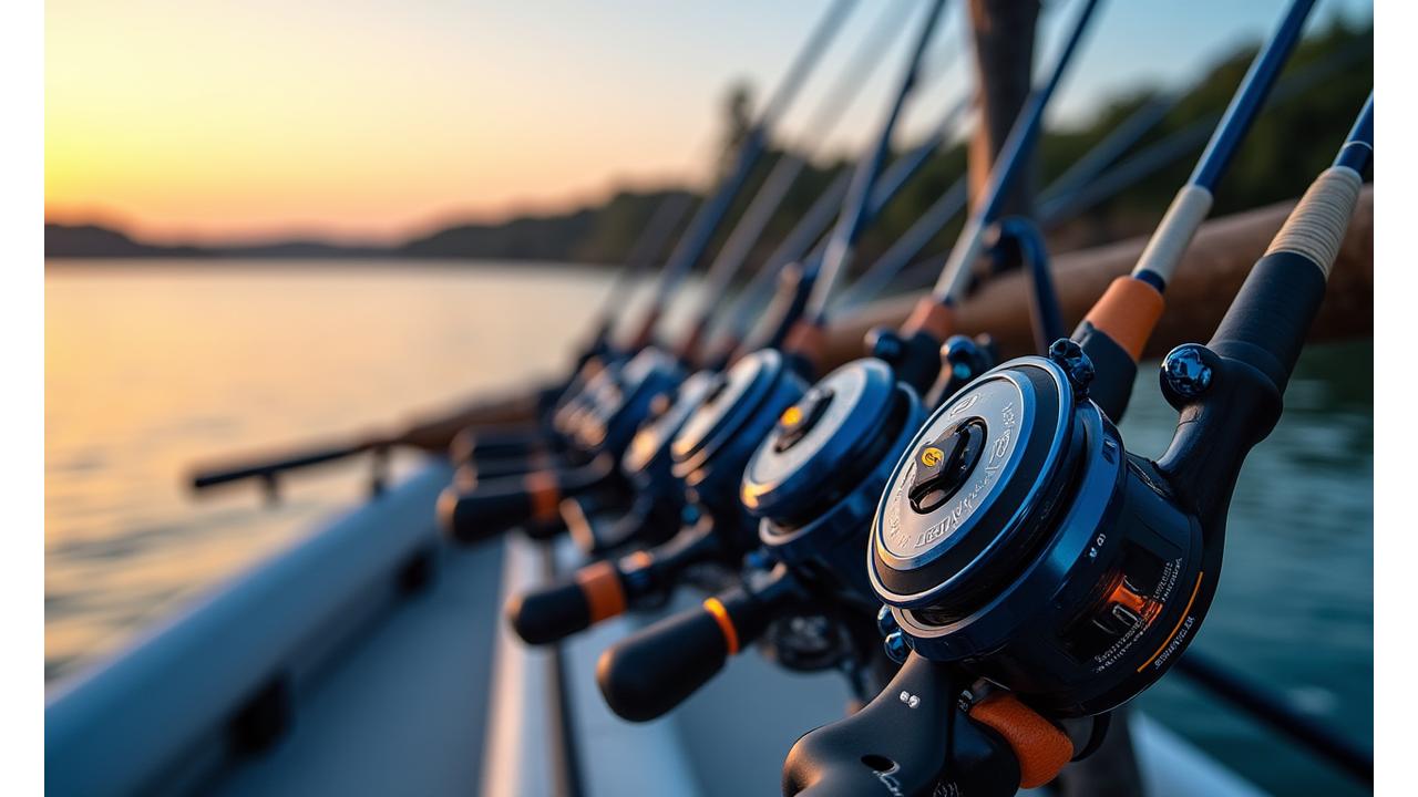 Colección profesional de cañas y carretes de pesca de alta gama, mostrando variedad y calidad.