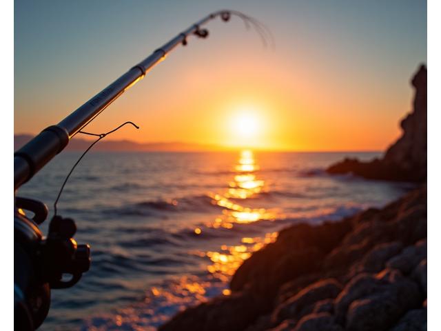 Pescador lanzando caña de spinning en la costa al atardecer