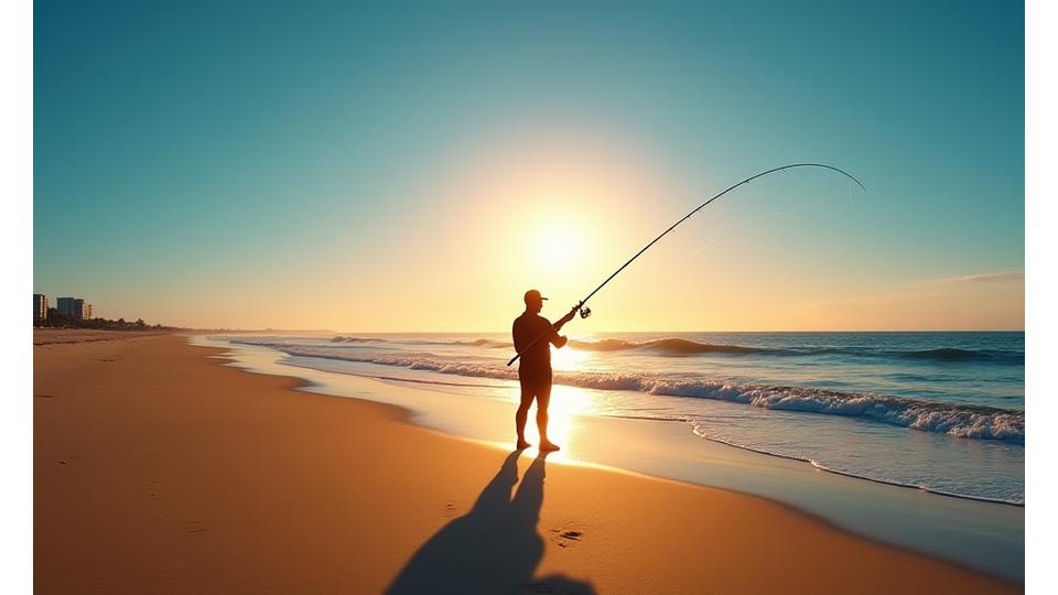 Pescador con equipo de surfcasting en una playa de Valencia al amanecer