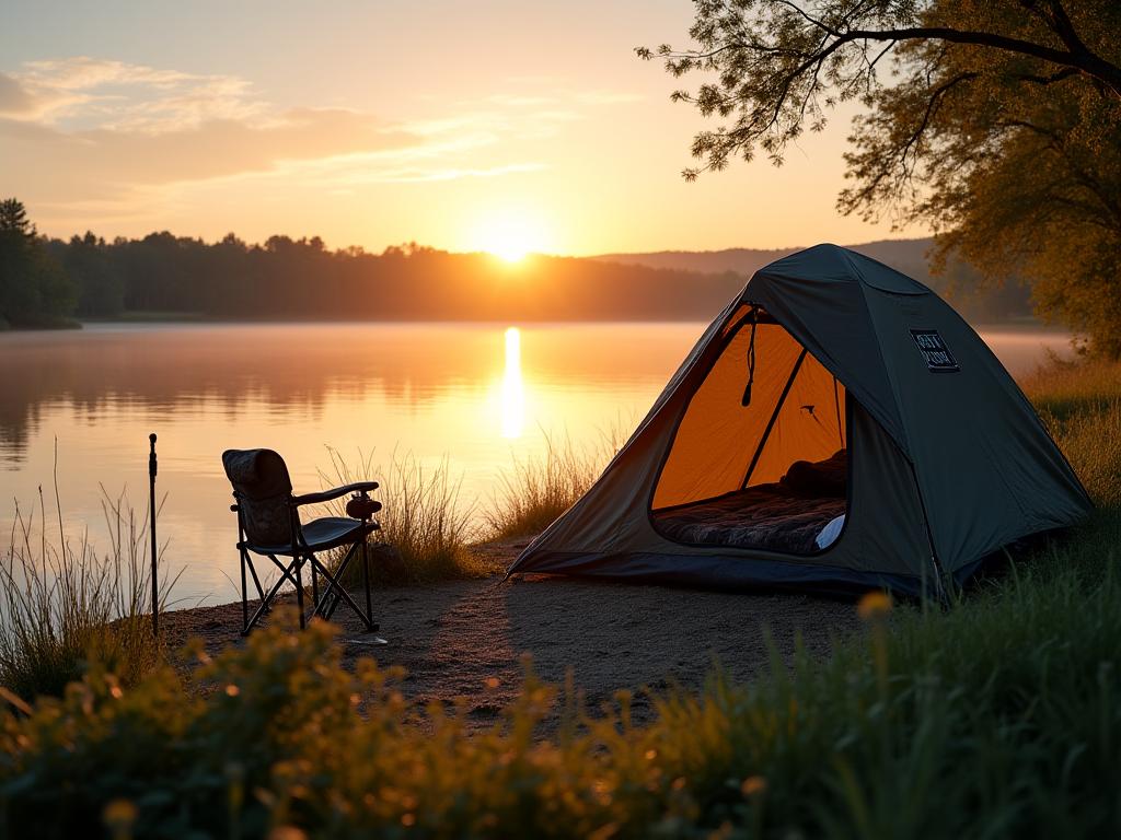 Tienda de carpfishing y silla de pesca con equipo organizado junto a un lago al atardecer.
