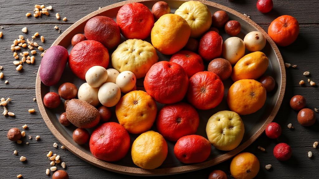 Variedad colorida de boilies de diferentes tamaños y sabores sobre una mesa de madera.