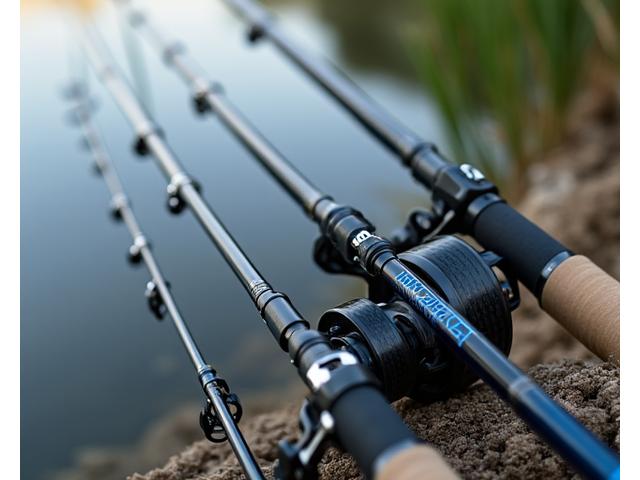 Varias cañas de carpfishing con punteras sensibles y portacarretes robustos, apoyadas en un lago.