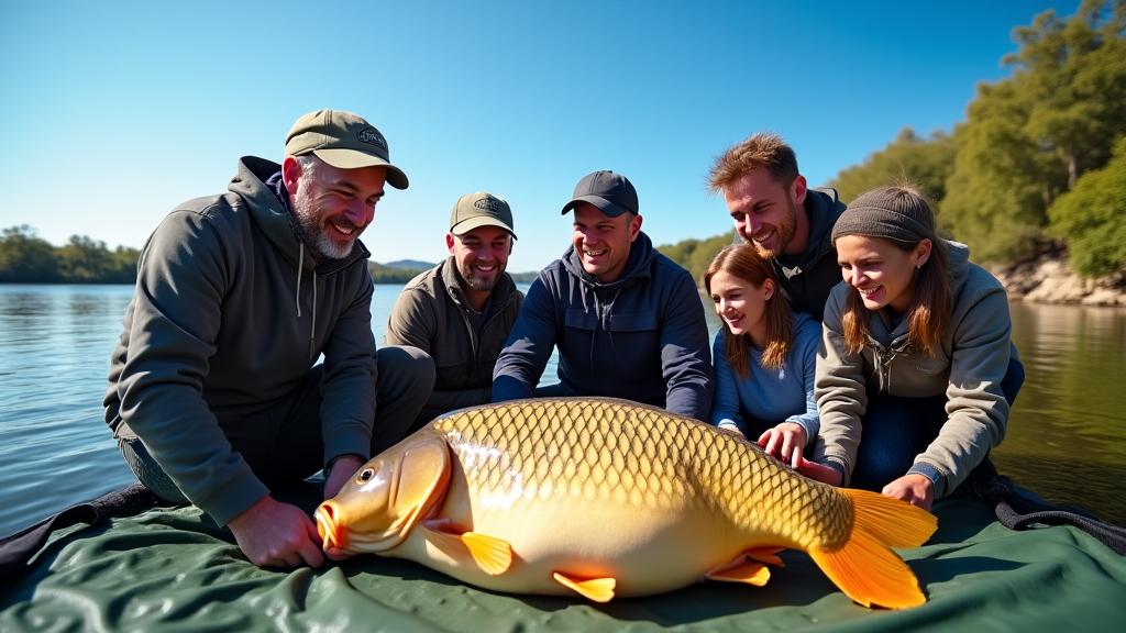 Grupo de carpistas valencianos celebrando una captura conjunta en un evento de pesca.