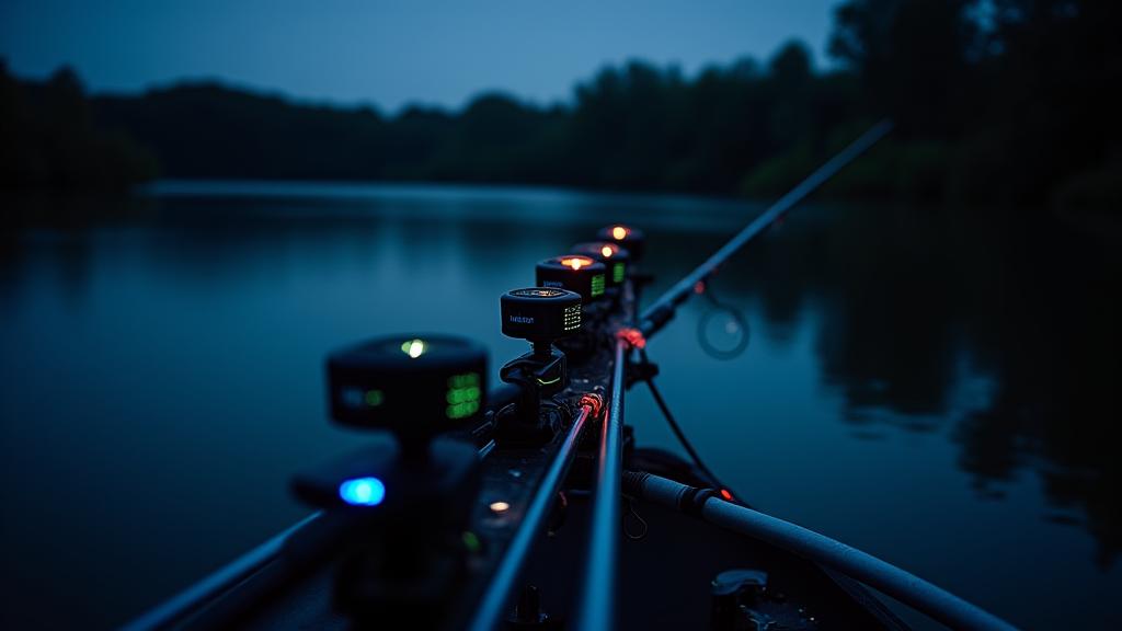 Set de alarmas de picada electrónicas con receptores inalámbricos y varillas de apoyo, vista nocturna iluminada.
