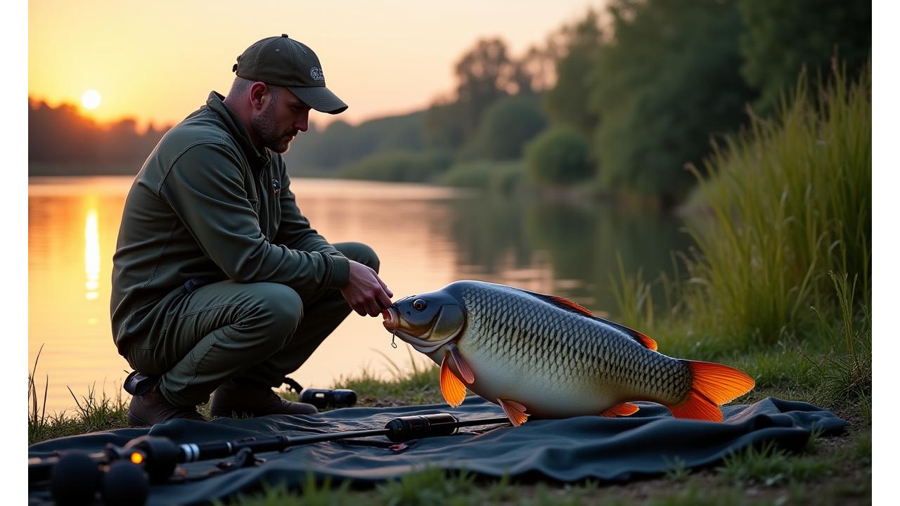 Carpista preparando su equipo al amanecer junto a un gran ejemplar de carpa en un embalse valenciano.