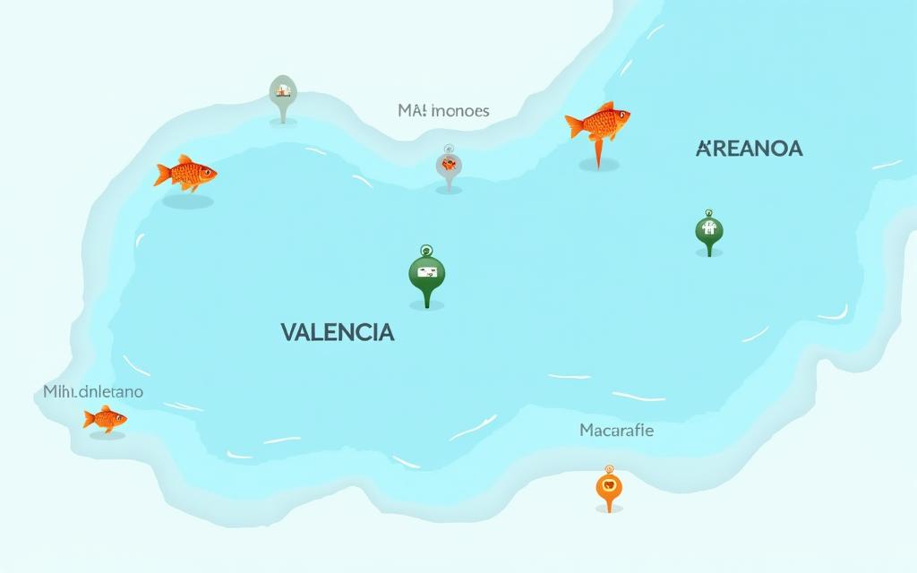 Mapa detallado de un embalse valenciano con iconos de peces y puntos de pesca marcados.