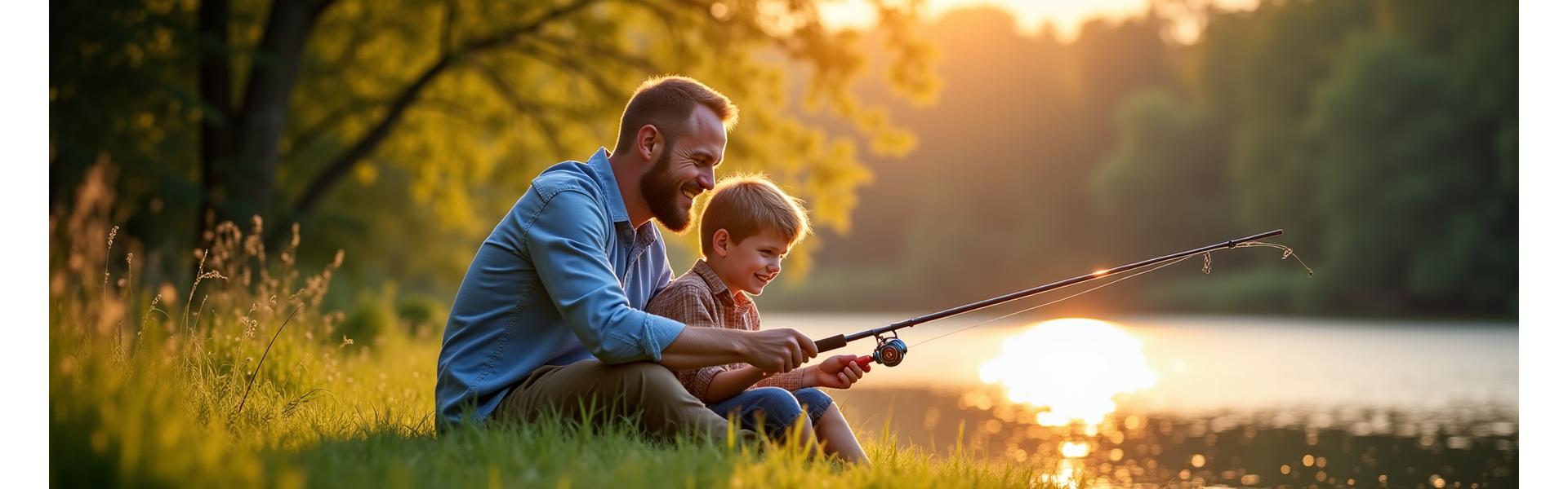 Padre e hijo sonriendo mientras pescan juntos en un río tranquilo, equipamiento colorido