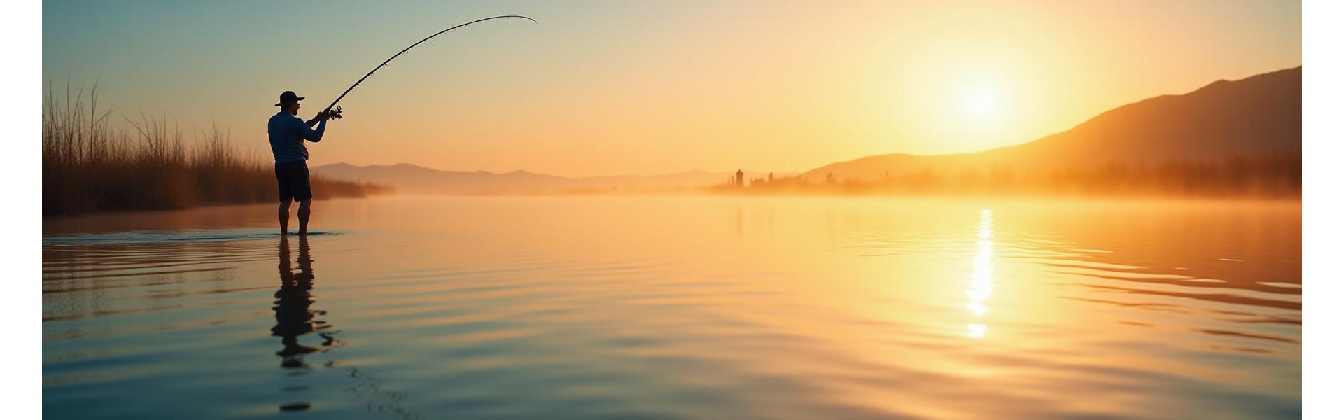 Pescador lanzando su caña al amanecer en la Albufera de Valencia, reflejos dorados en el agua
