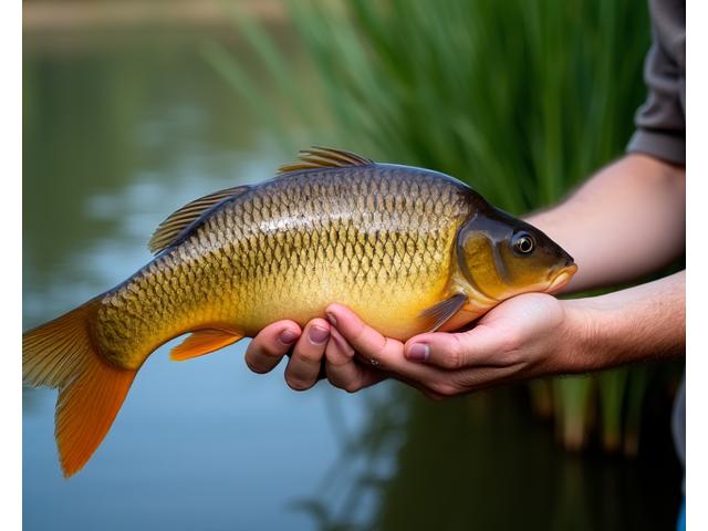 Carpa gigante capturada en un lago, con equipo de carpfishing