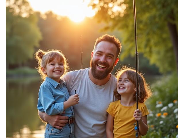 Familia pescando en un lago, con niños sonriendo