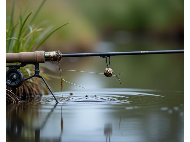 Sistema de feeder con cebador y línea de pesca en un río