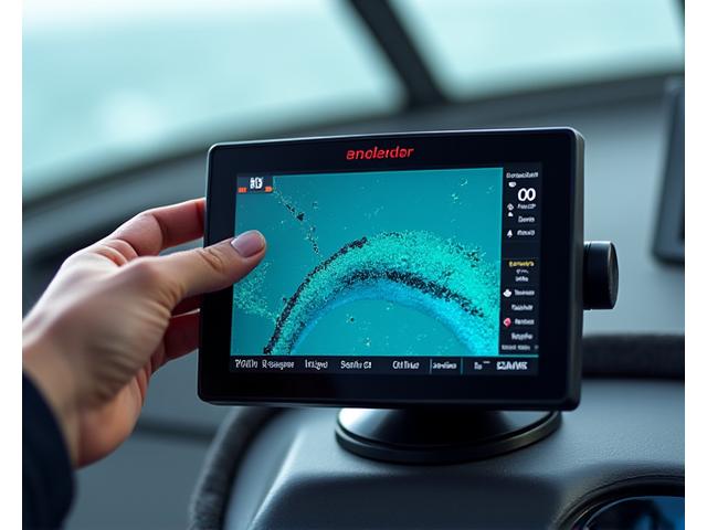 Equipo de sonda para pesca en un barco, con pantalla mostrando peces