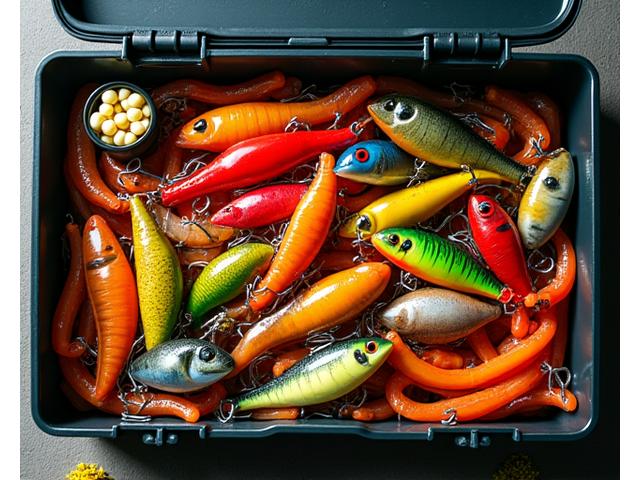 Caja de señuelos de pesca de colores variados y cebos naturales