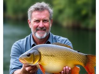 Primer plano de Luis Gómez sosteniendo un trofeo de pesca.