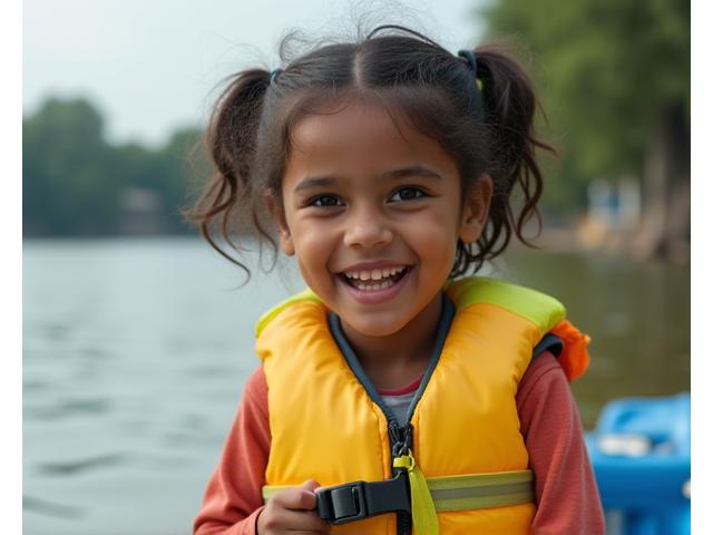 Niño sonriendo con un chaleco salvavidas de colores en un bote de pesca