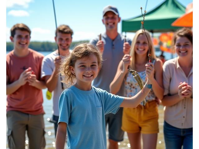 Familias celebrando juntas en una competición de pesca infantil, con trofeos y sonrisas.