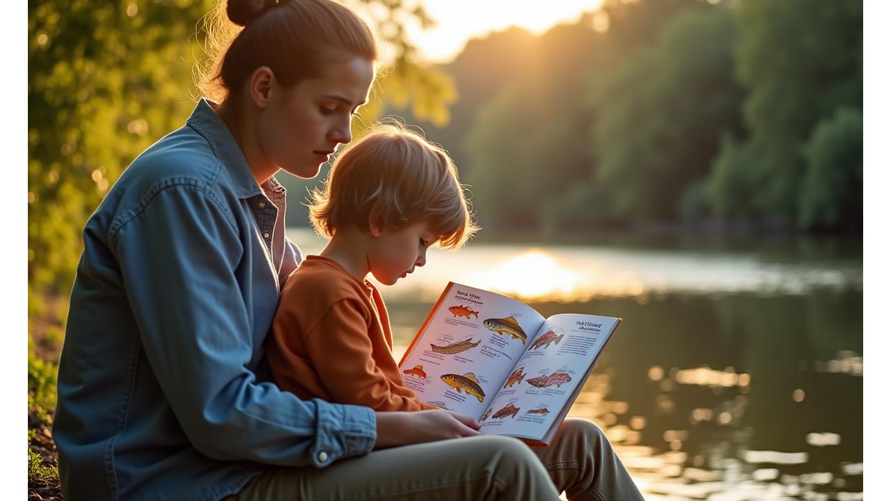 Niño y figura paterna leyendo una guía ilustrada sobre peces locales de Valencia cerca de un río.