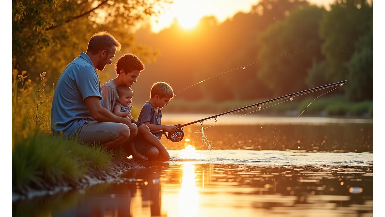 Familia pescando junta en un entorno natural en Valencia al atardecer, con equipo de pesca apropiado para niños.