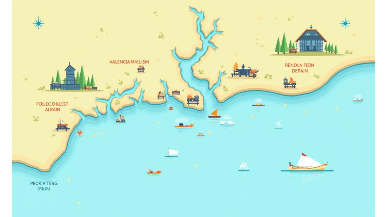 Mapa ilustrado de las zonas de pesca seguras y accesibles para familias alrededor de Valencia, con iconos de servicios.