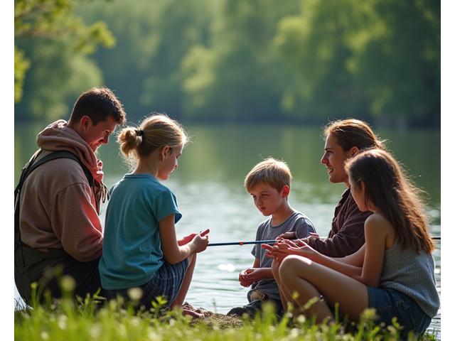 Niños y padres participando en un taller de iniciación a la pesca en un parque con un lago.