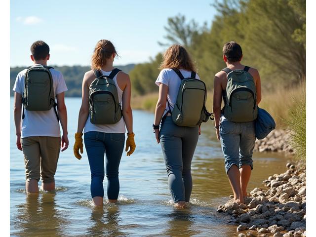 Grupo de personas, incluyendo pescadores y científicos, trabajando juntos en la recolección de residuos en una orilla de río en Valencia