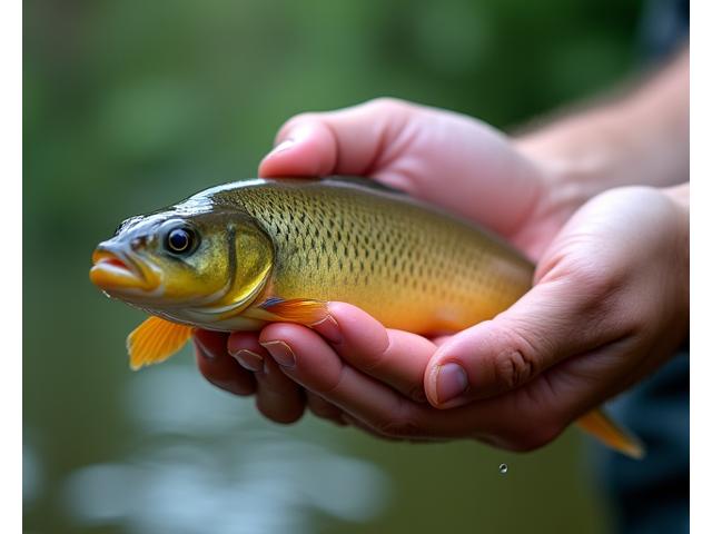 Manos de un pescador devolviendo cuidadosamente un pez al agua
