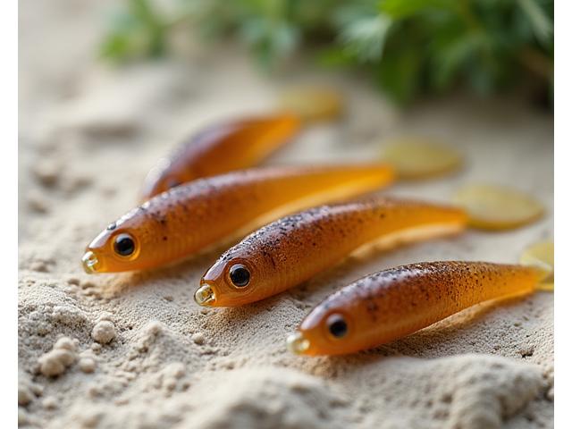 Primer plano de señuelos de pesca biodegradables hechos de materiales naturales