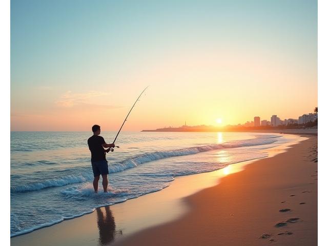 Pescador disfrutando de la pesca en la playa de la Malvarosa al amanecer, con la ciudad de Valencia al fondo. Escena pacífica.