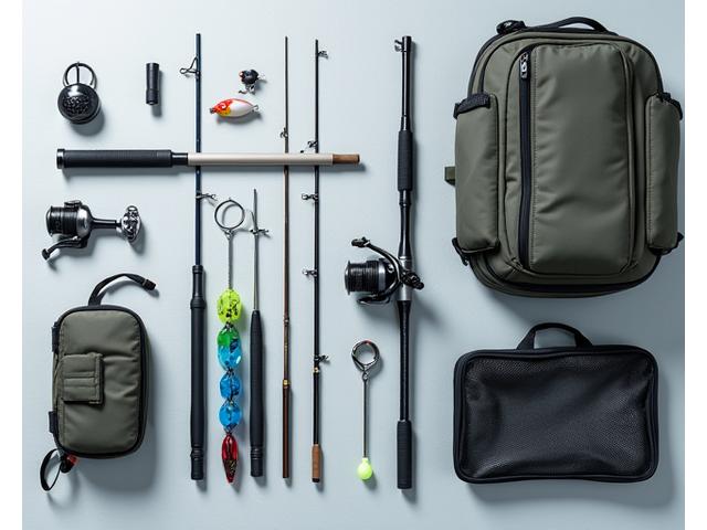Kit de pesca urbana compacto y portátil: caña de viaje, carrete pequeño, caja de señuelos y red plegable, sobre un fondo urbano difuminado.