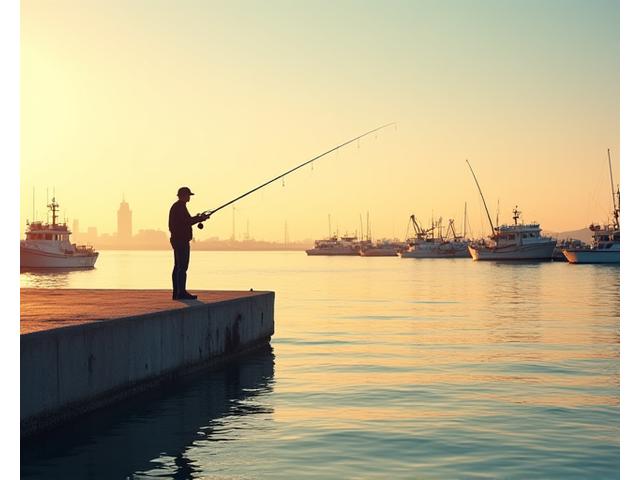 Pescador lanzando su caña en el puerto de Valencia al atardecer, con barcos de pesca en el fondo. Ambiente sereno.