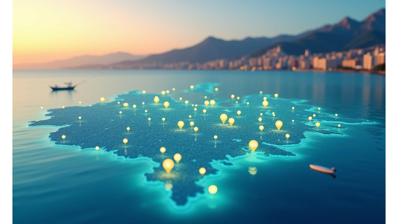 Mapa interactivo mostrando ubicaciones privilegiadas para la pesca urbana en Valencia, con iconos de señuelos y peces