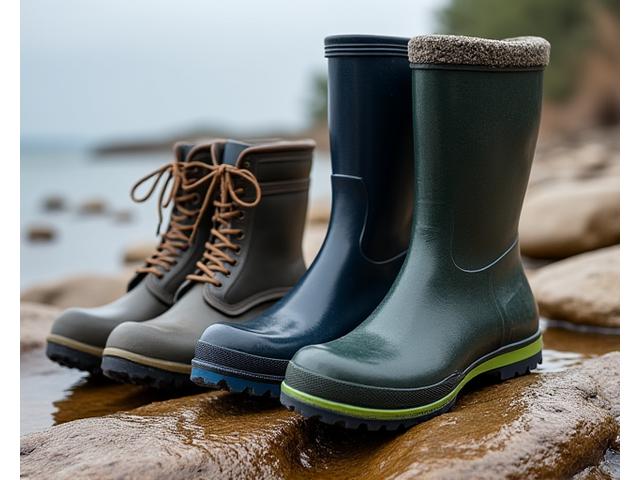 Variedad de botas de pesca: botas de vadeo, botas impermeables y calzado antideslizante, dispuestas sobre una superficie rocosa húmeda