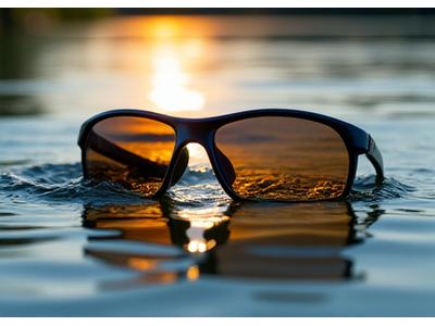 Gafas de sol polarizadas de pesca flotando en agua clara, reflejando el cielo y la vegetación de la orilla