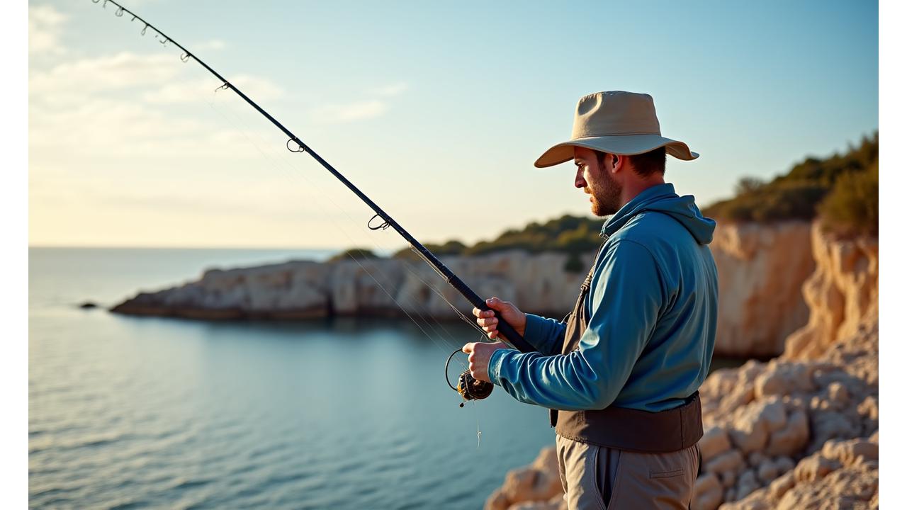 Pescador profesional con vestimenta técnica y equipo completo en un entorno costero mediterráneo