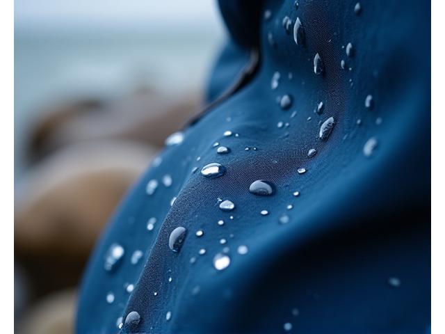 Primer plano de un tejido impermeable con gotas de agua resbalando sobre la superficie sin penetrar