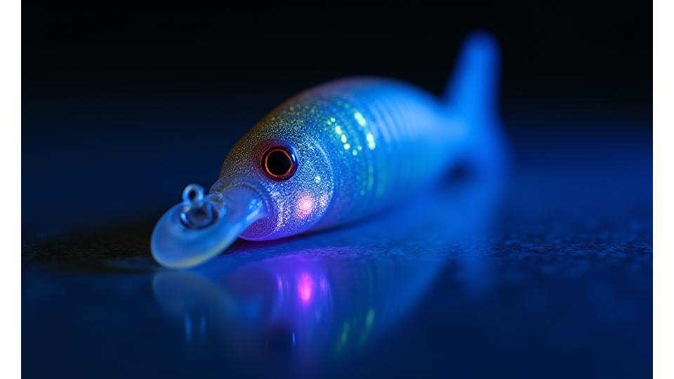 Cebo artificial con una textura que simula escamas, bajo una luz ultravioleta que revela propiedades de fluorescencia.