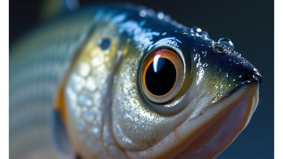 Primer plano de un cebo artificial que imita a un alevín, con detalles fotorrealistas en ojos y branquias.