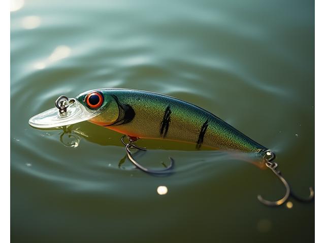 Crankbait de media agua, con colores más oscuros y forma aerodinámica, sumergido parcialmente.