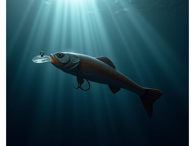 Crankbait de profundidad, con una pala grande y colores oscuros, en un entorno subacuático.