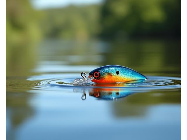 Crankbait de superficie, brillante y colorido, flotando en agua clara.