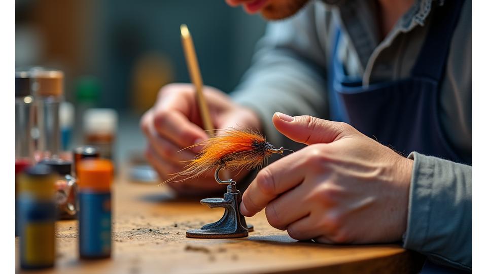 Mano de un artista pintando meticulosamente un señuelo de pesca con colores vibrantes y detalles finos en un taller bien iluminado.