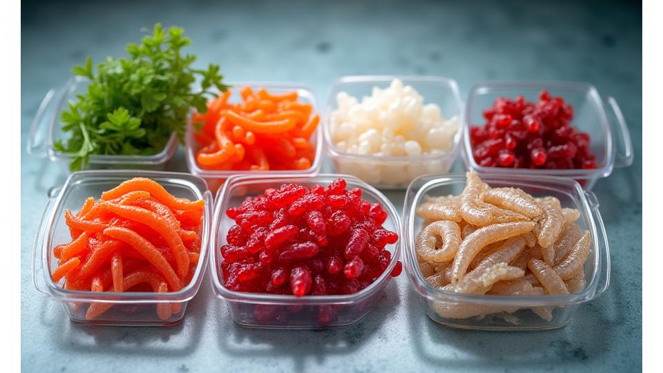 Variedad de cebos vivos como lombrices, gusanos y gambas, presentados en recipientes frescos y bien cuidados.