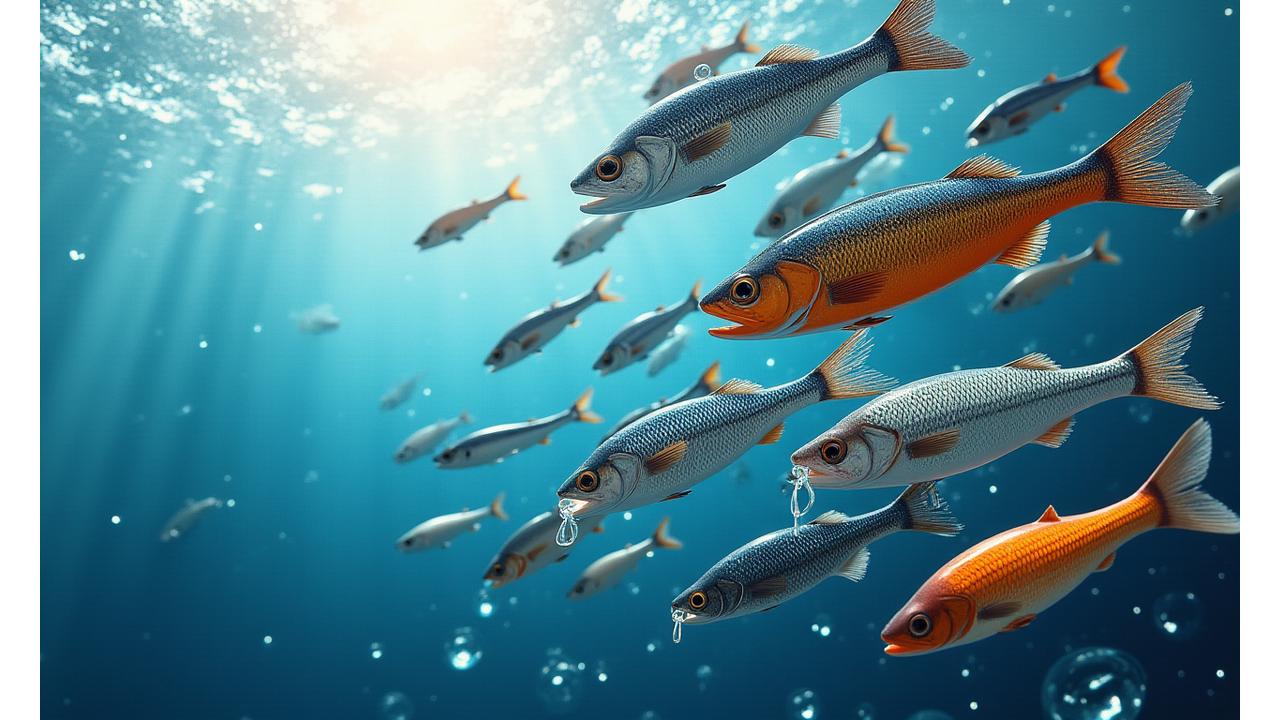 Colección vibrante de señuelos de pesca de todos los colores y tamaños, flotando sobre un fondo marino con peces atraídos.