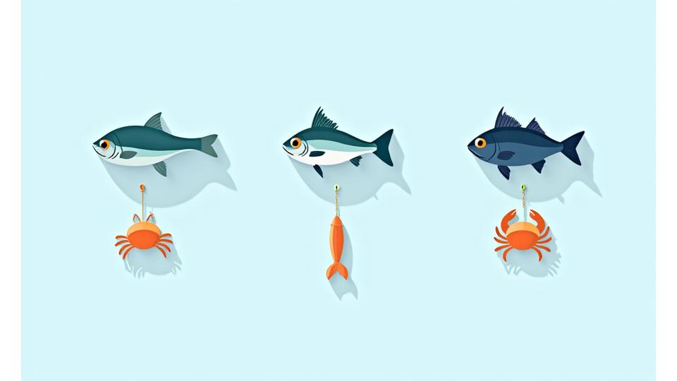 Una representación gráfica de varias especies de peces mediterráneos (dorada, lubina, sargo), con iconos de los cebos recomendados junto a cada uno.